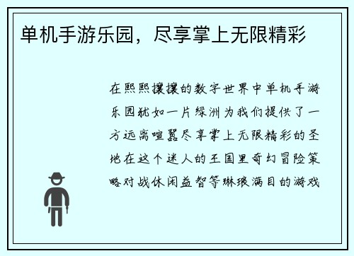 单机手游乐园，尽享掌上无限精彩