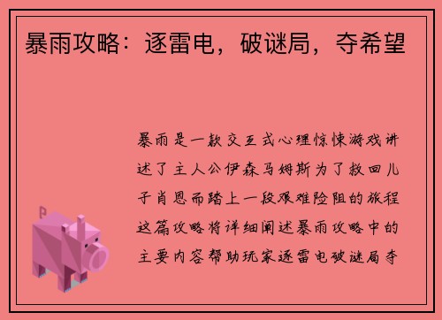 暴雨攻略：逐雷电，破谜局，夺希望