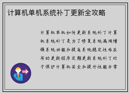 计算机单机系统补丁更新全攻略